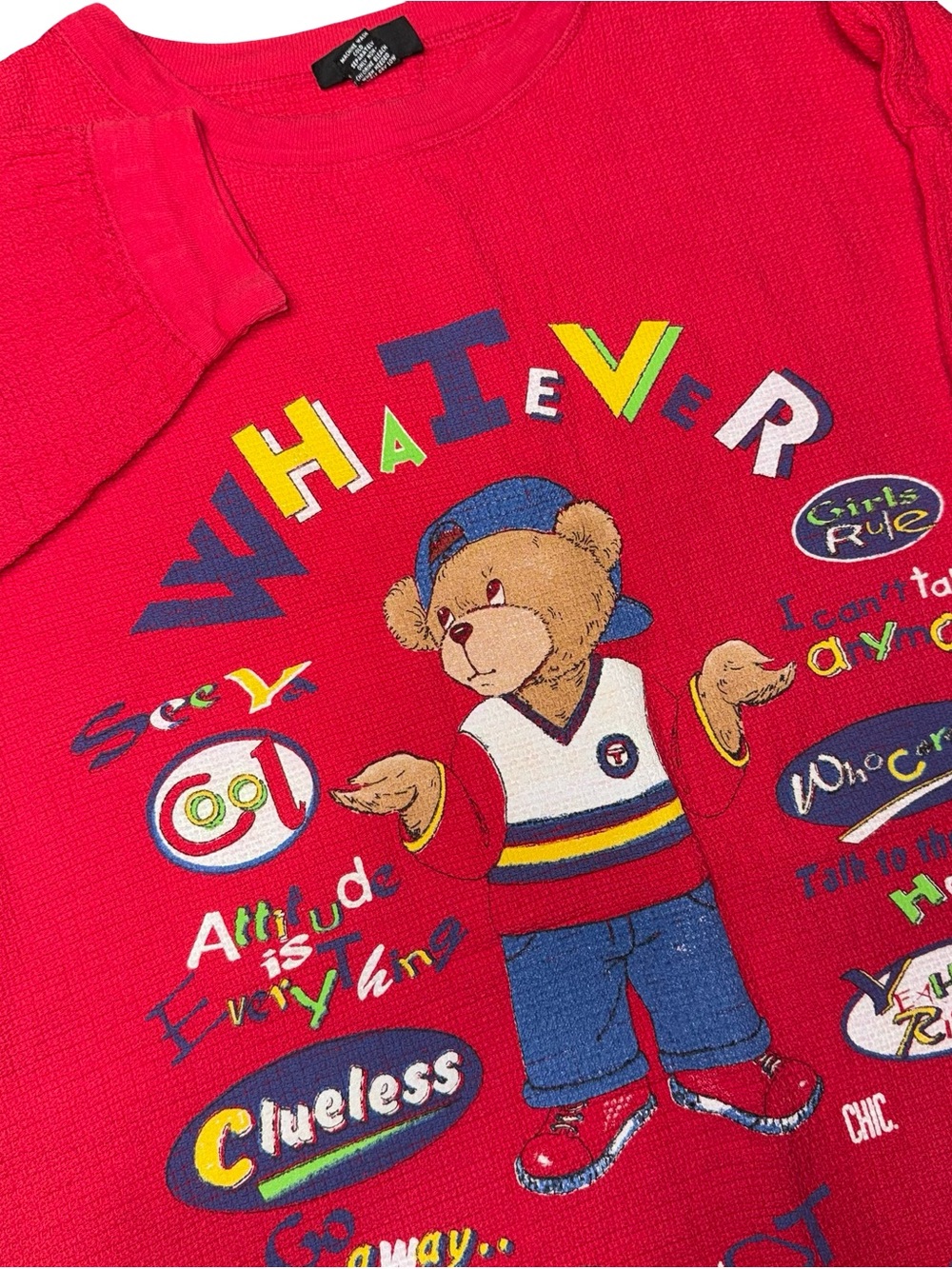 Vintage 90s Chic Tough Teddy Bear Waffle Knit Graphic Shirt Red Plus Size 2X